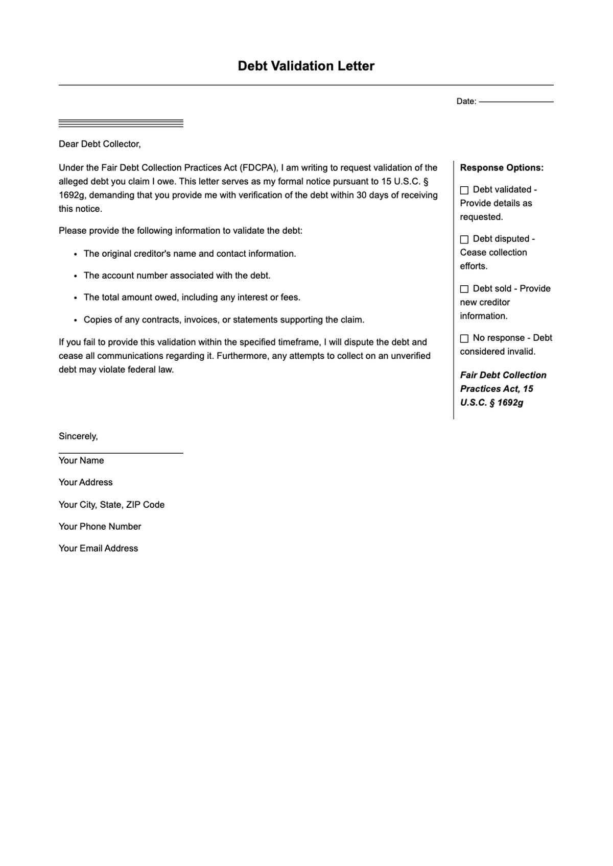 Debt validation letter template with fillable fields and Fair Debt Collection Practices Act notice_variant_2